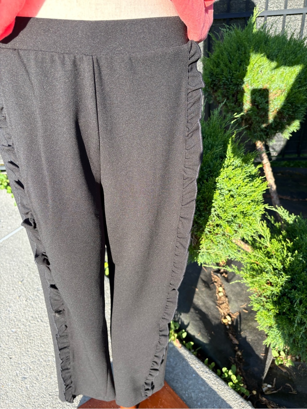 Nina Leonard Black Ruffle Trim Pull-On Ankle Pants Size Large